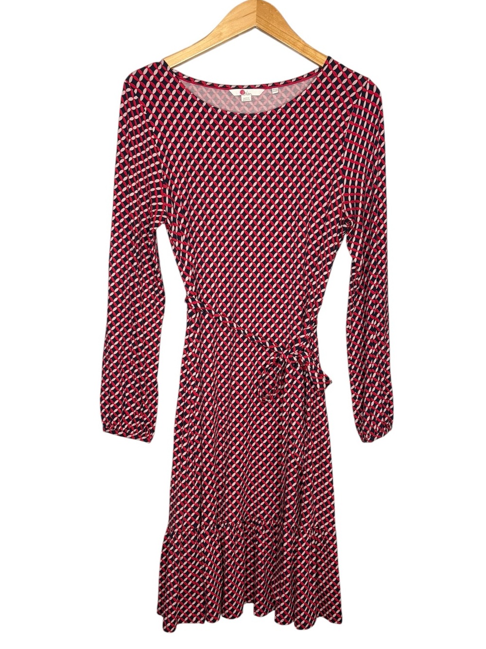 Boden Holly Jersey Dress red blue geometric diamond pattern women’s size 10